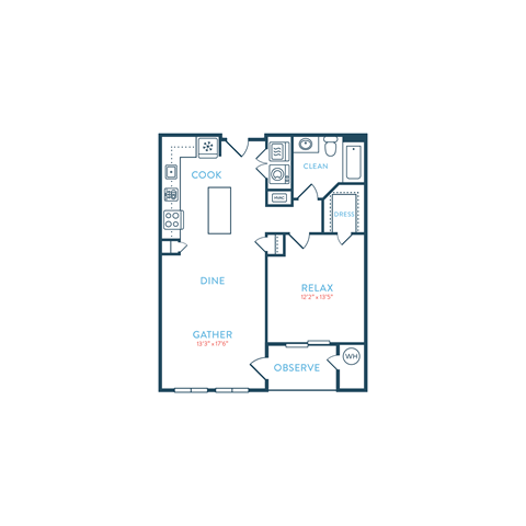Floor plan for 1 bed, 1 bath, 829 sqft